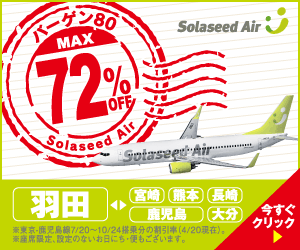 バーゲン80 MAX72%OFF 羽田⇔宮崎・熊本・長崎・鹿児島・大分【ソラシドエア】