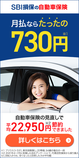 SBI損保の自動車保険 月払ならたったの730円 自動車保険の見直しで平均22,950円節約できました【SBI損害保険】